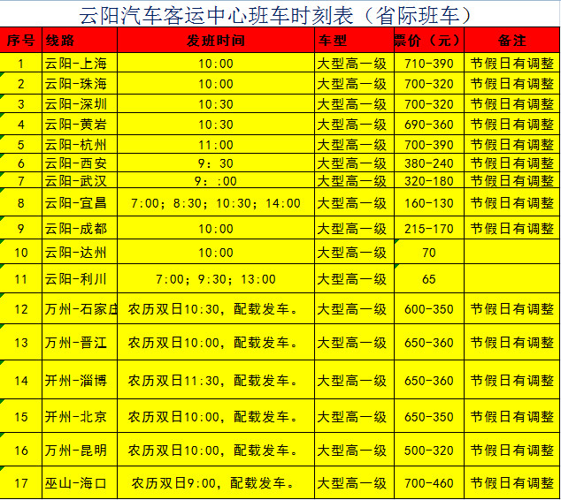 云阳新汽车站班车时刻表!赶快收藏